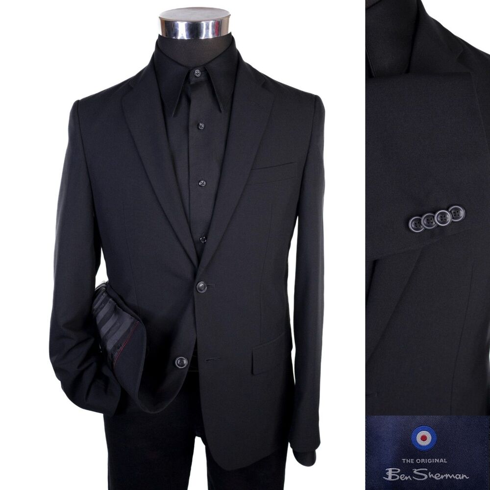 Ben Sherman Sport Coat Blazer Sz 36R Solid Black Poly Blend Two Button Jacket